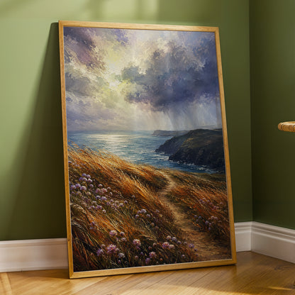 Light on the Headland, blue, gold, brown nature wall art displayed in a styled interior, gallery view 6