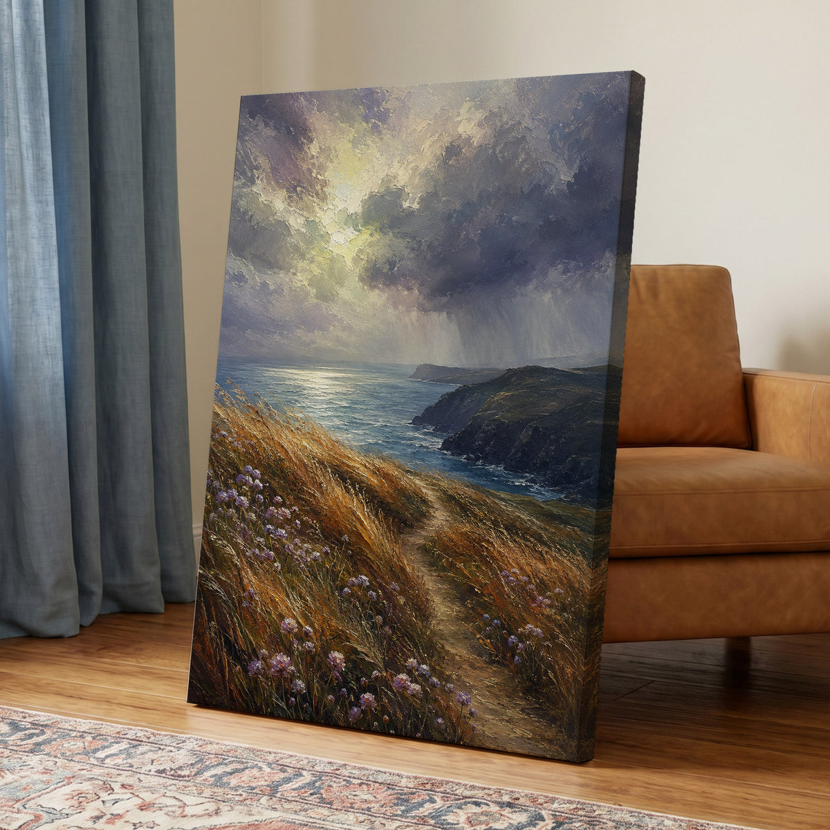 Light on the Headland, blue, gold, brown nature wall art displayed in a styled interior, gallery view 7