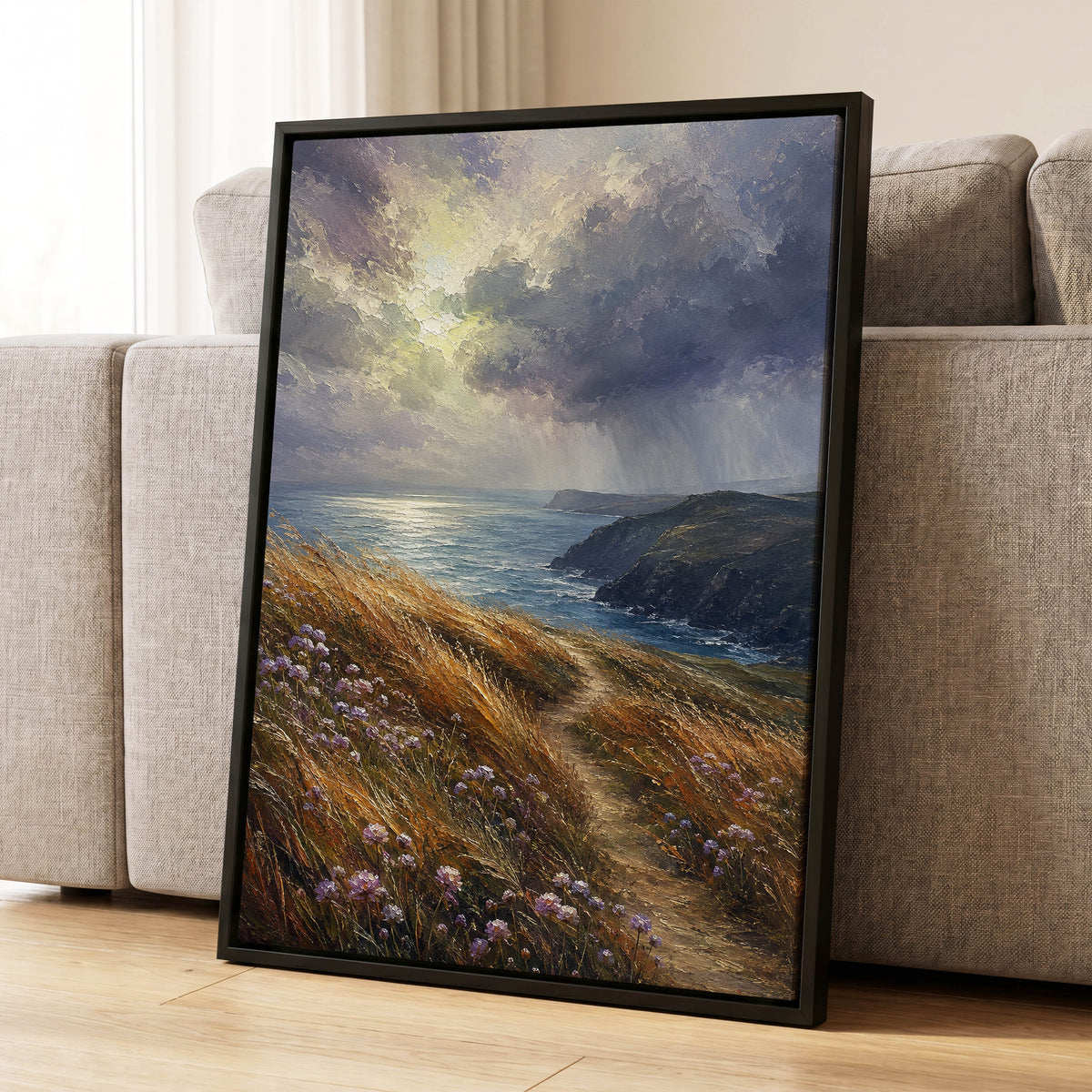 Light on the Headland, blue, gold, brown nature wall art displayed in a styled interior, gallery view 8
