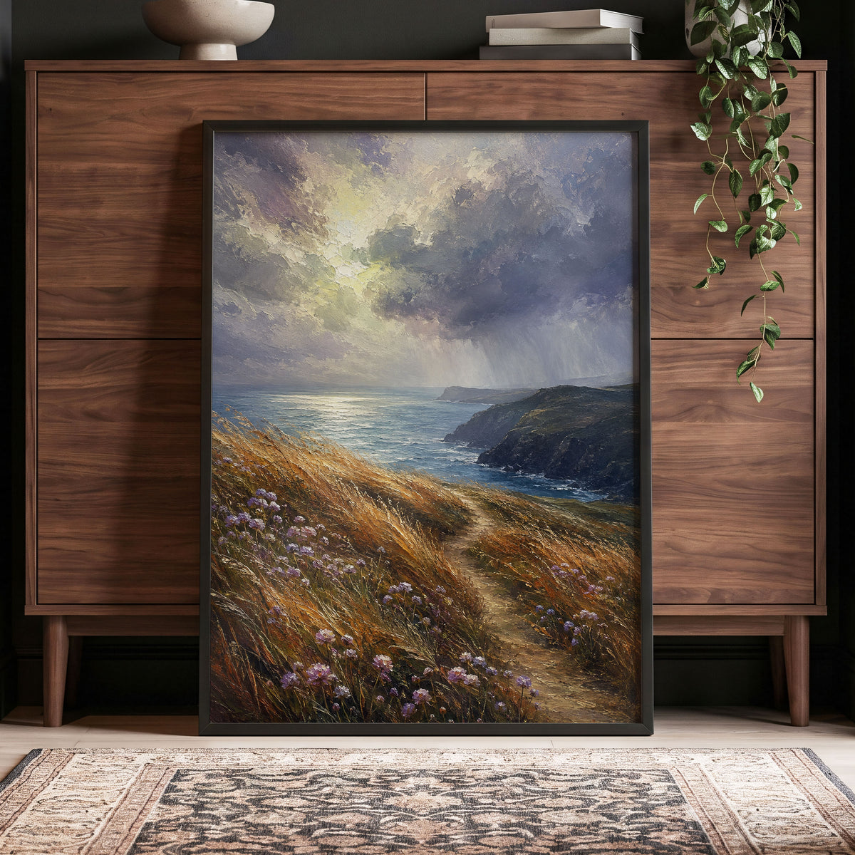 Light on the Headland, blue, gold, brown nature wall art displayed in a styled interior, gallery view 9