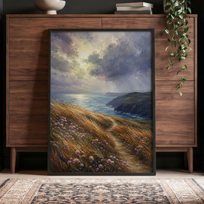 Light on the Headland, blue, gold, brown nature wall art displayed in a styled interior, gallery view 9