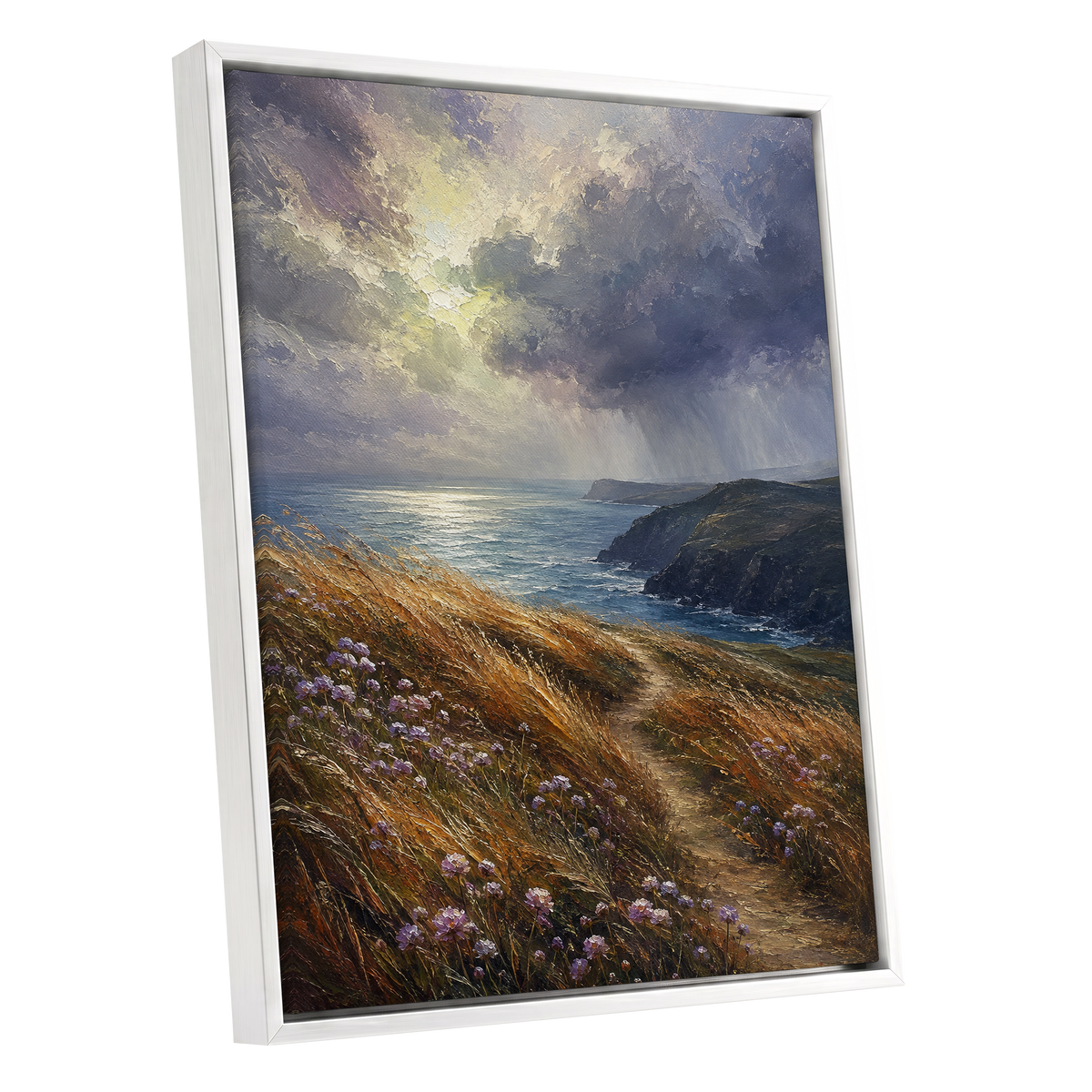 Light on the Headland, blue, gold, brown nature wall art shown as a white framed canvas wall art