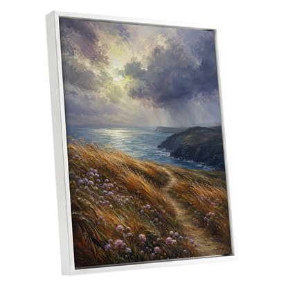Light on the Headland, blue, gold, brown nature wall art shown as a white framed canvas wall art