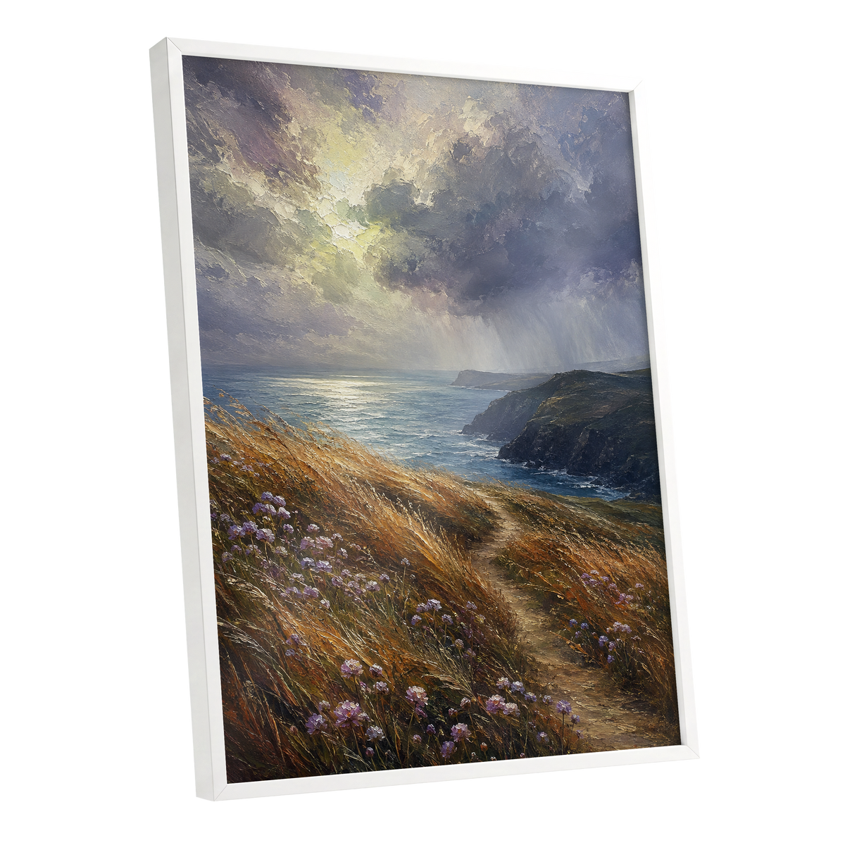 Light on the Headland, blue, gold, brown nature wall art shown as a white framed poster wall art print