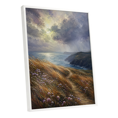 Light on the Headland, blue, gold, brown nature wall art shown as a white framed poster wall art print
