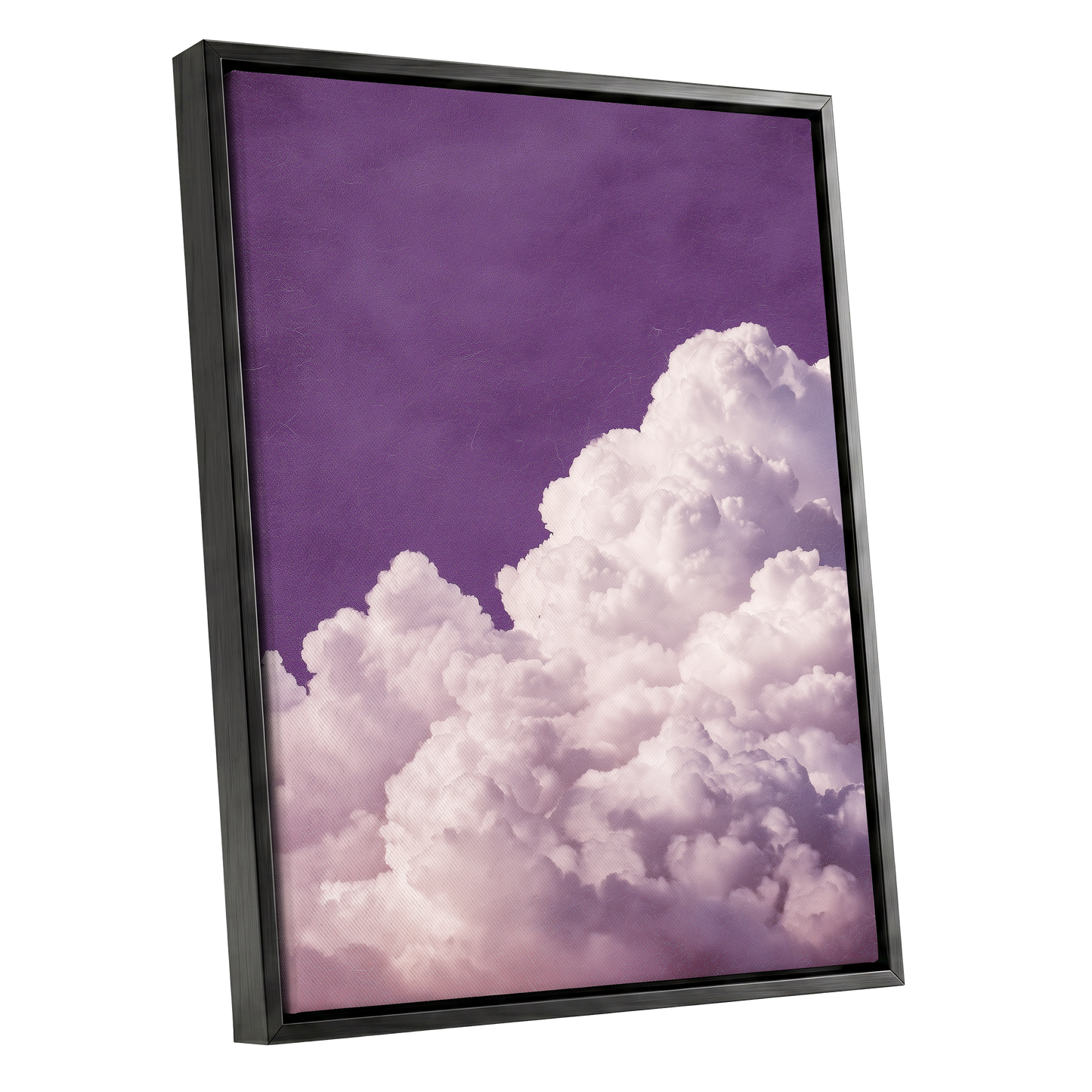 Lilac Cloud Reverie, purple, pink, white nature wall art shown as a black framed canvas wall art