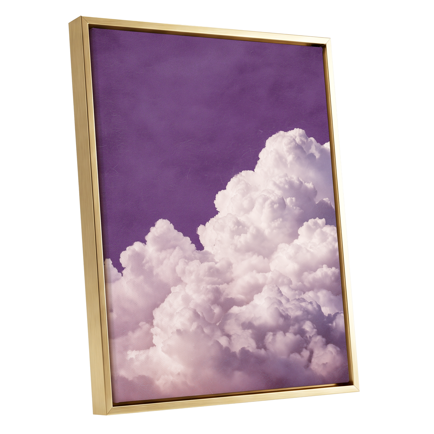 Lilac Cloud Reverie, purple, pink, white nature wall art shown as a gold framed canvas wall art