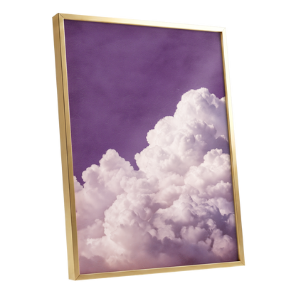 Lilac Cloud Reverie, purple, pink, white nature wall art shown as a gold framed poster wall art print