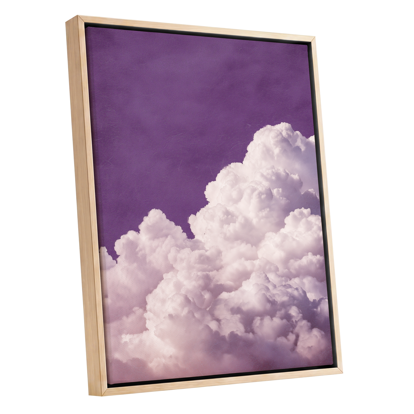 Lilac Cloud Reverie, purple, pink, white nature wall art shown as a oak framed canvas wall art