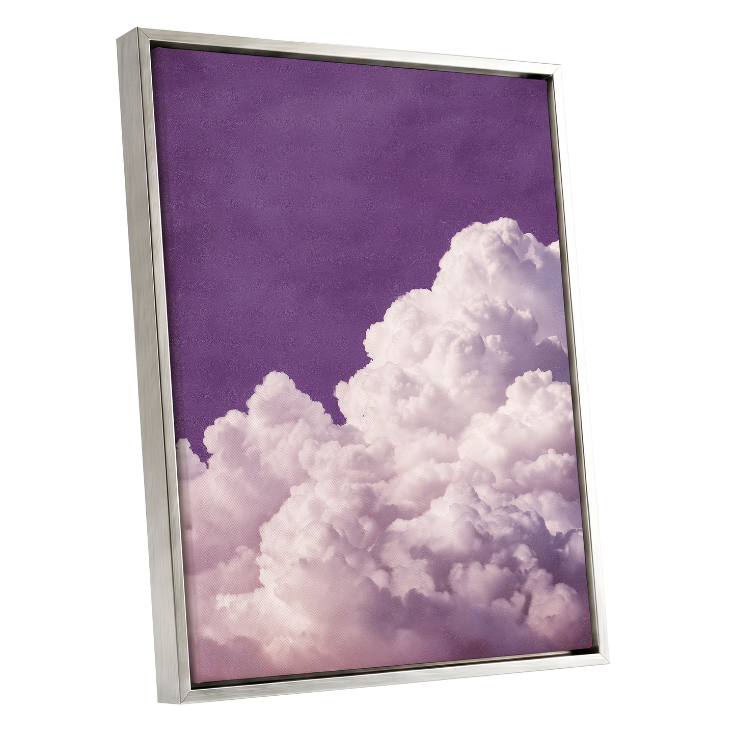 Lilac Cloud Reverie, purple, pink, white nature wall art shown as a silver framed canvas wall art