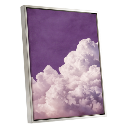 Lilac Cloud Reverie, purple, pink, white nature wall art shown as a silver framed canvas wall art