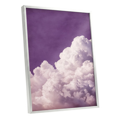 Lilac Cloud Reverie, purple, pink, white nature wall art shown as a silver framed poster wall art print