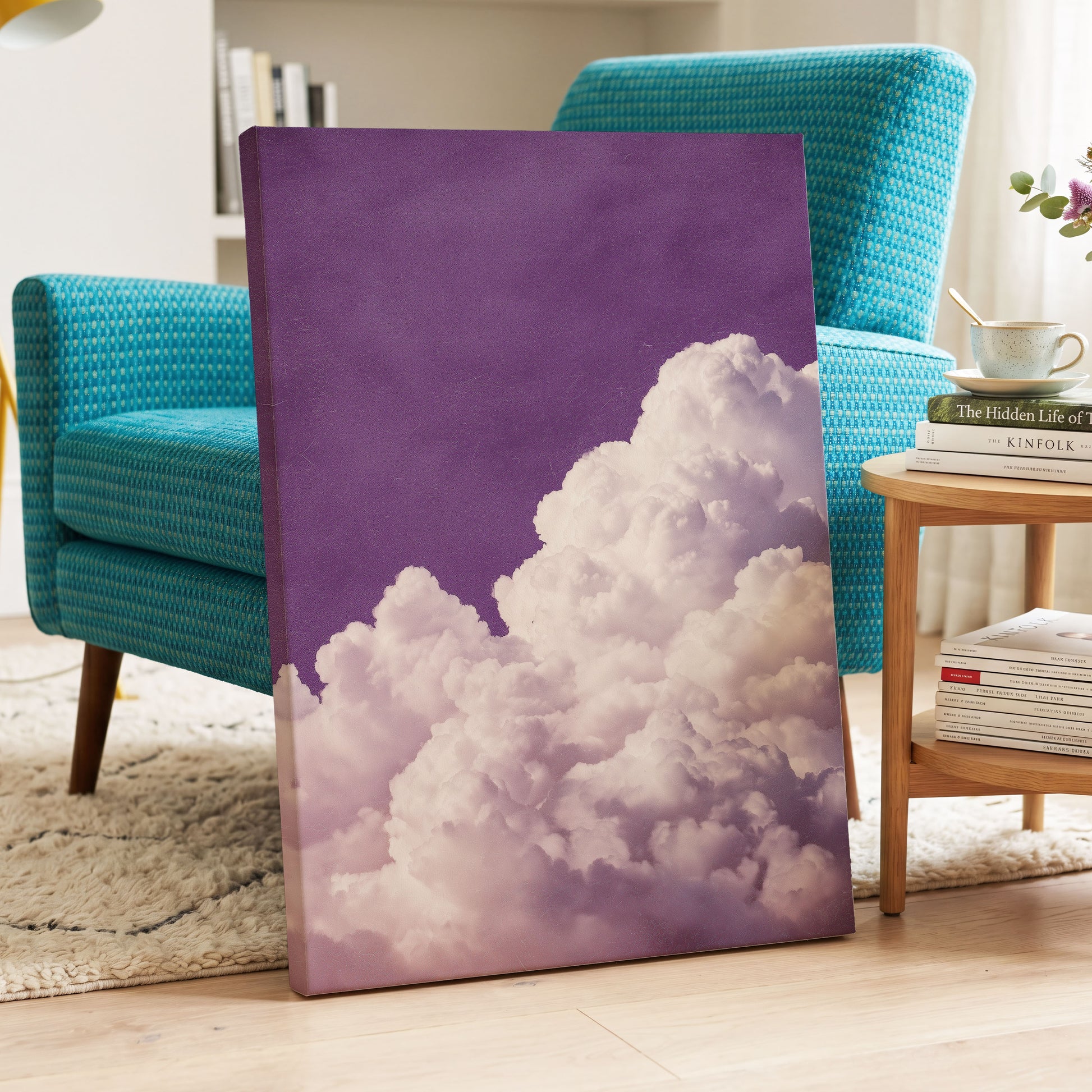 Lilac Cloud Reverie, purple, pink, white nature wall art displayed in a styled interior, gallery view 3