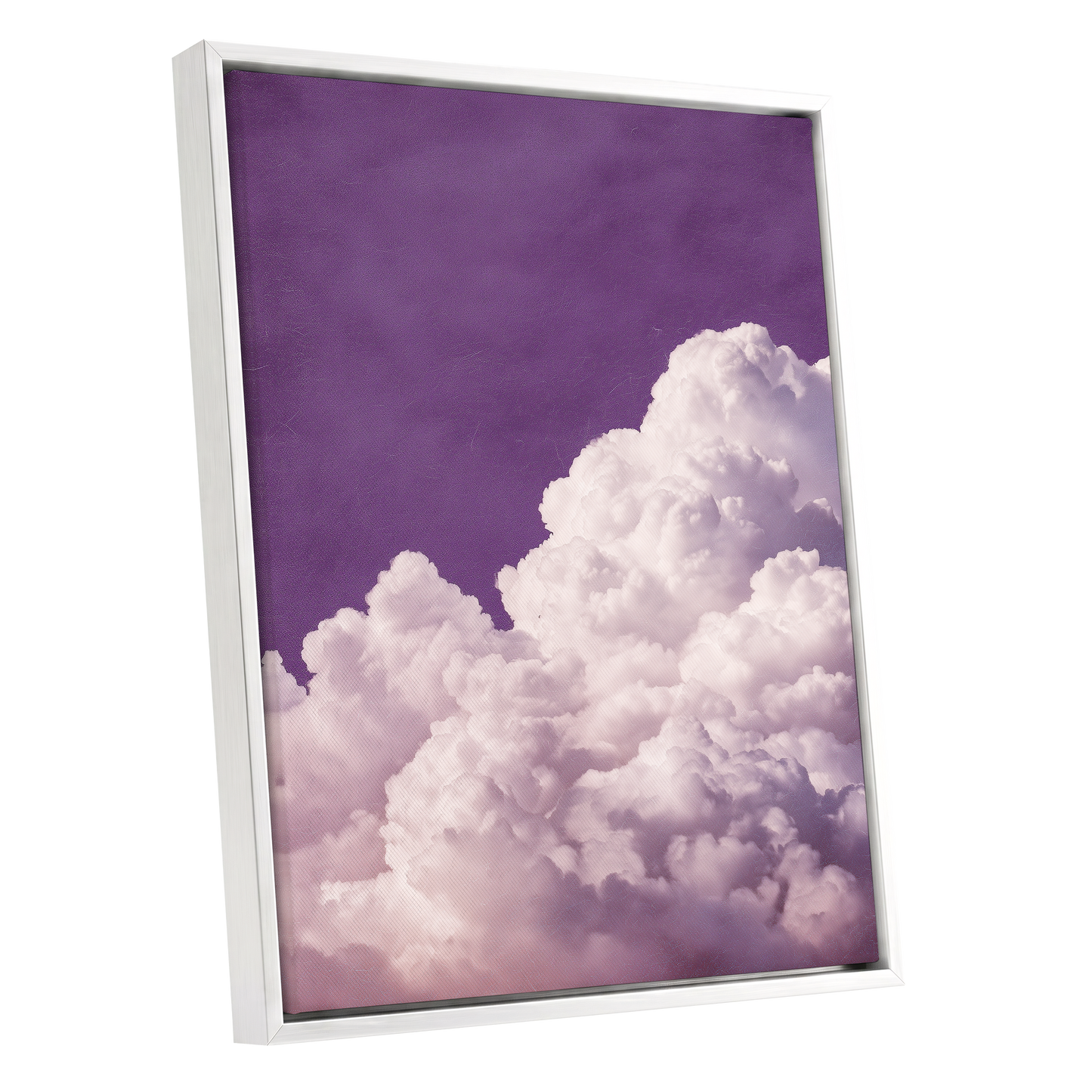 Lilac Cloud Reverie, purple, pink, white nature wall art shown as a white framed canvas wall art