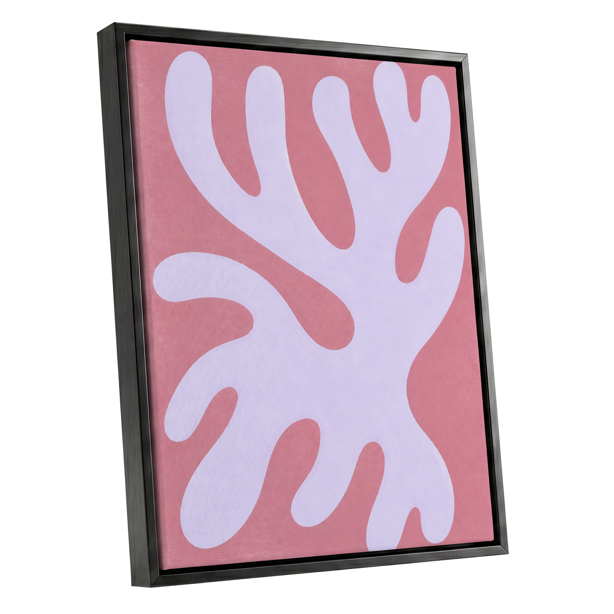 Lilac Drift, pink, purple, white abstract wall art shown as a black framed canvas wall art