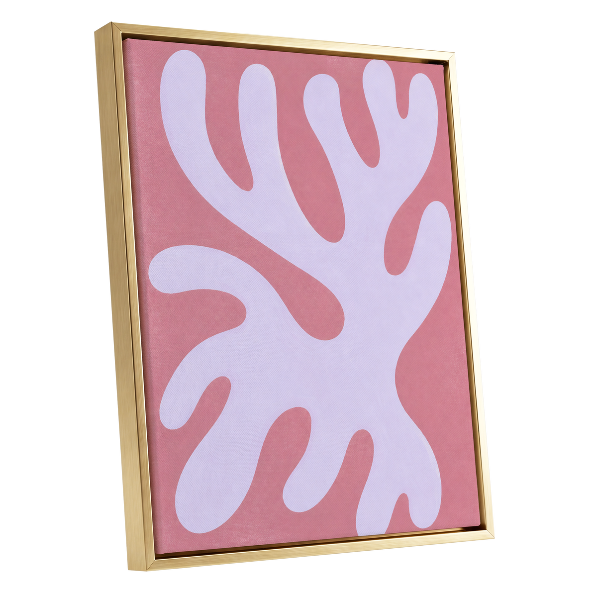 Lilac Drift, pink, purple, white abstract wall art shown as a gold framed canvas wall art