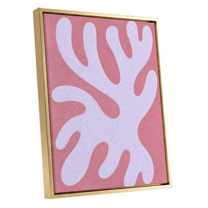 Lilac Drift, pink, purple, white abstract wall art shown as a gold framed canvas wall art