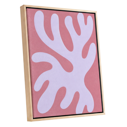 Lilac Drift, pink, purple, white abstract wall art shown as a oak framed canvas wall art
