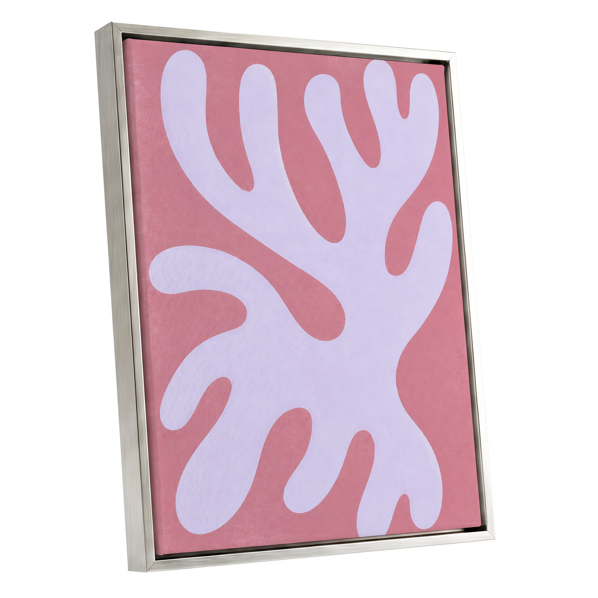 Lilac Drift, pink, purple, white abstract wall art shown as a silver framed canvas wall art
