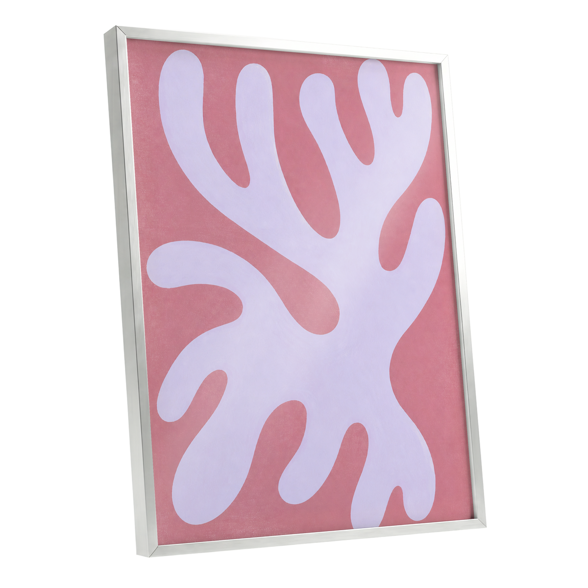 Lilac Drift, pink, purple, white abstract wall art shown as a silver framed poster wall art print