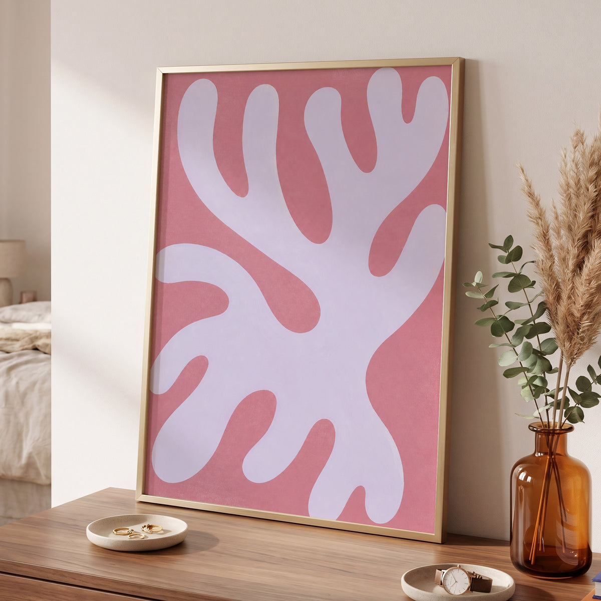 Lilac Drift, pink, purple, white abstract wall art displayed in a styled interior, gallery view 2