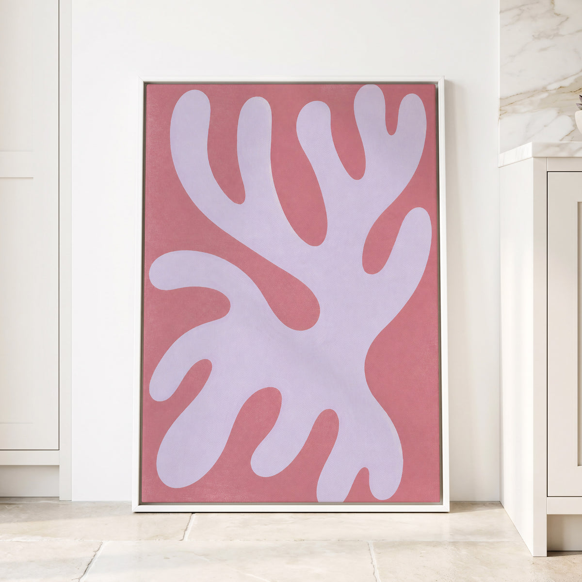 Lilac Drift, pink, purple, white abstract wall art displayed in a styled interior, gallery view 4
