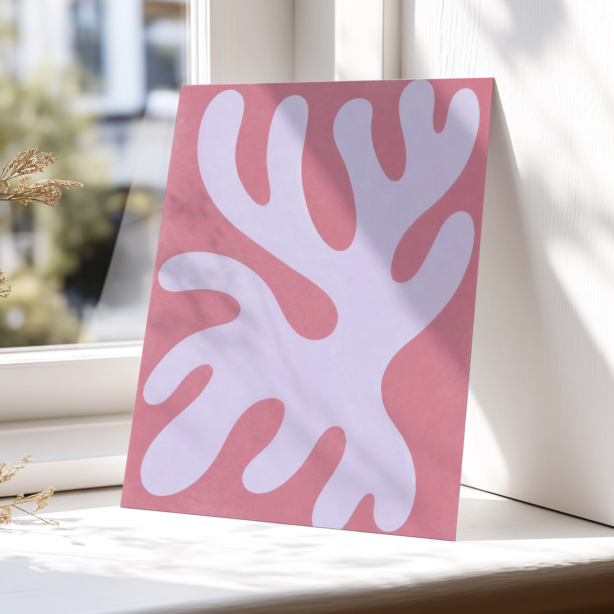 Lilac Drift, pink, purple, white abstract wall art displayed in a styled interior, gallery view 5