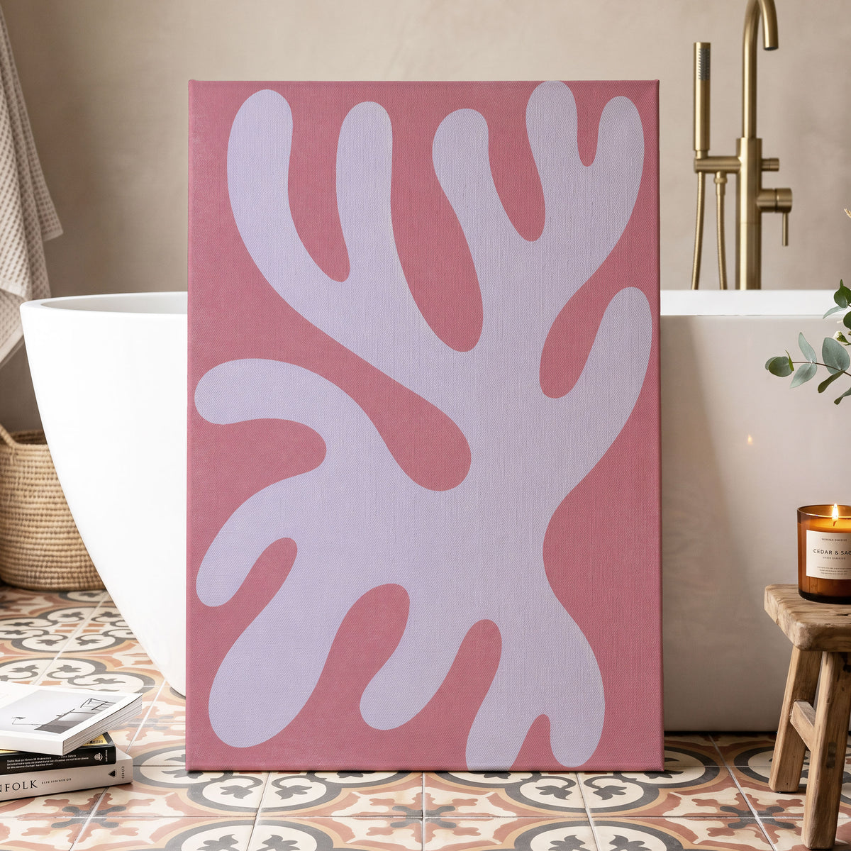 Lilac Drift, pink, purple, white abstract wall art displayed in a styled interior, gallery view 7