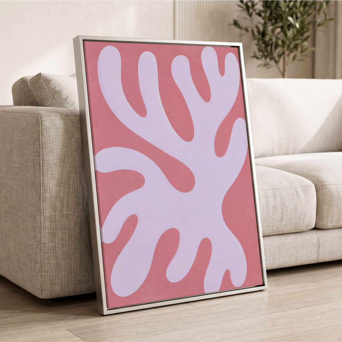 Lilac Drift, pink, purple, white abstract wall art displayed in a styled interior, gallery view 8