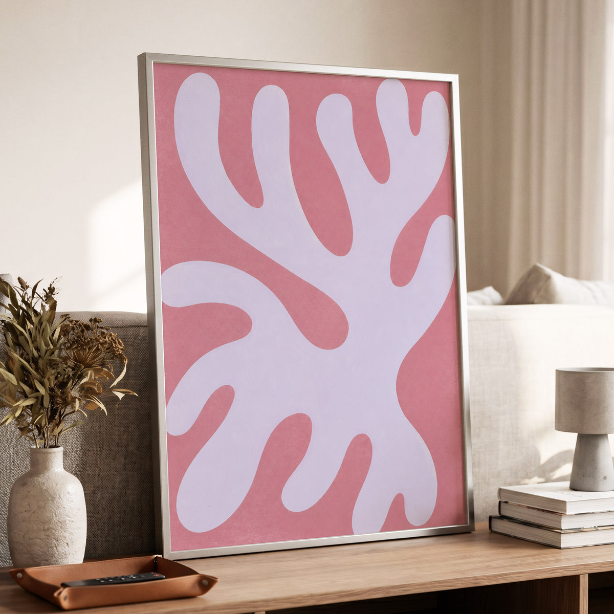 Lilac Drift, pink, purple, white abstract wall art displayed in a styled interior, gallery view 9