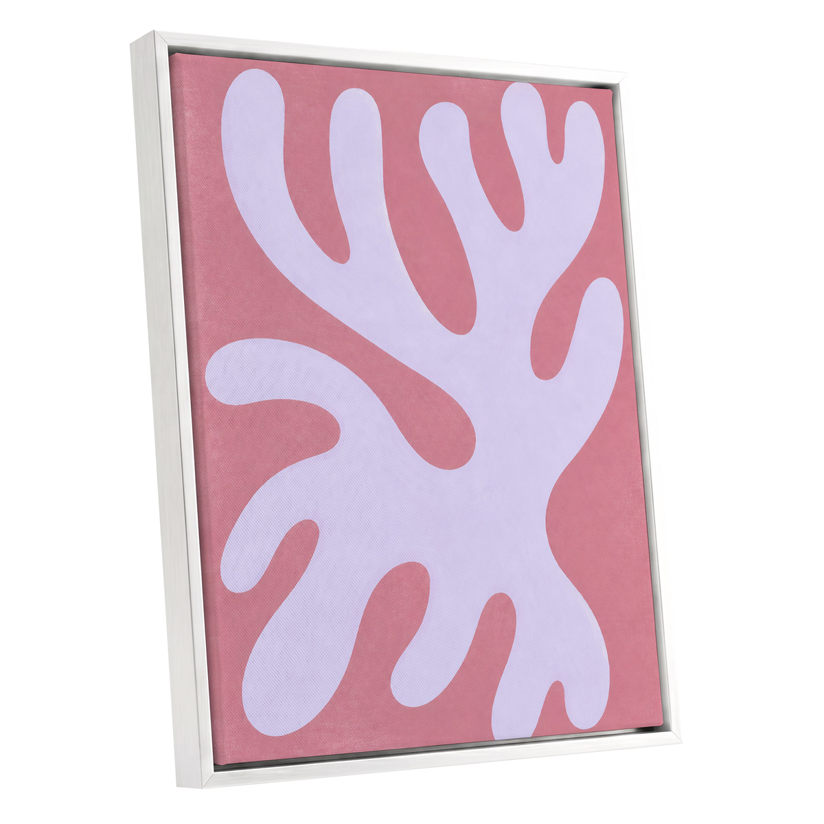Lilac Drift, pink, purple, white abstract wall art shown as a white framed canvas wall art