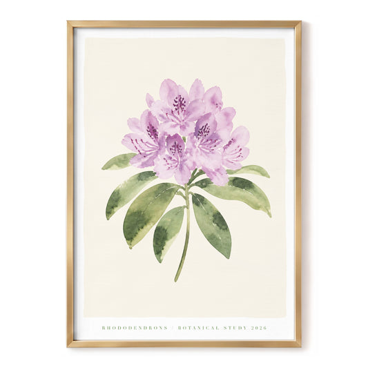 Lilac Rhododendron Study, purple, green, beige floral wall art, front artwork view