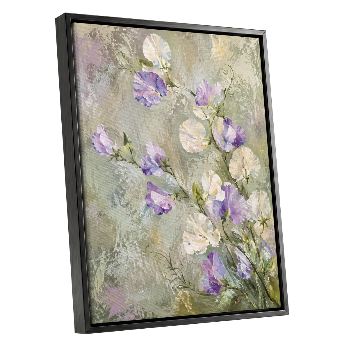 Lilac Tendrils, purple, white, green floral wall art shown as a black framed canvas wall art