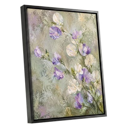 Lilac Tendrils, purple, white, green floral wall art shown as a black framed canvas wall art