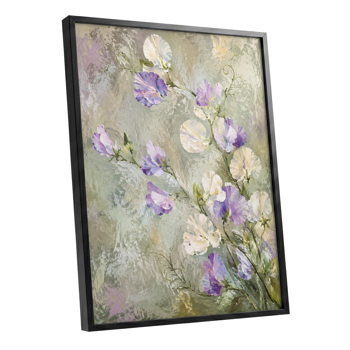Lilac Tendrils, purple, white, green floral wall art shown as a black framed poster wall art print