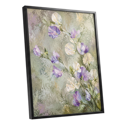 Lilac Tendrils, purple, white, green floral wall art shown as a black framed poster wall art print