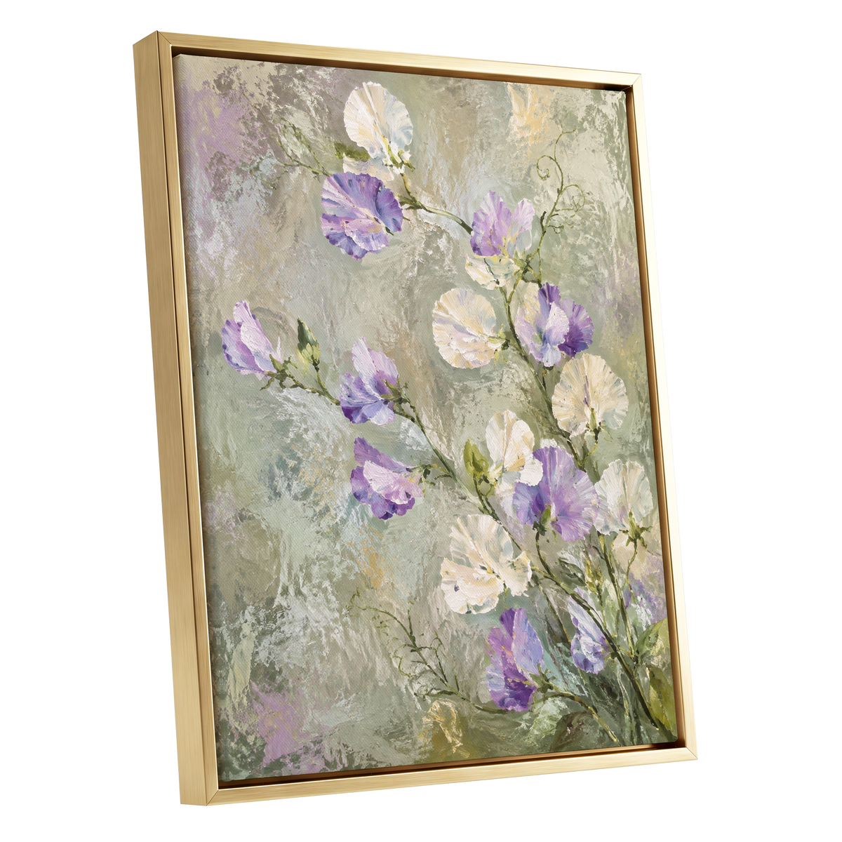 Lilac Tendrils, purple, white, green floral wall art shown as a gold framed canvas wall art