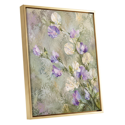 Lilac Tendrils, purple, white, green floral wall art shown as a gold framed canvas wall art