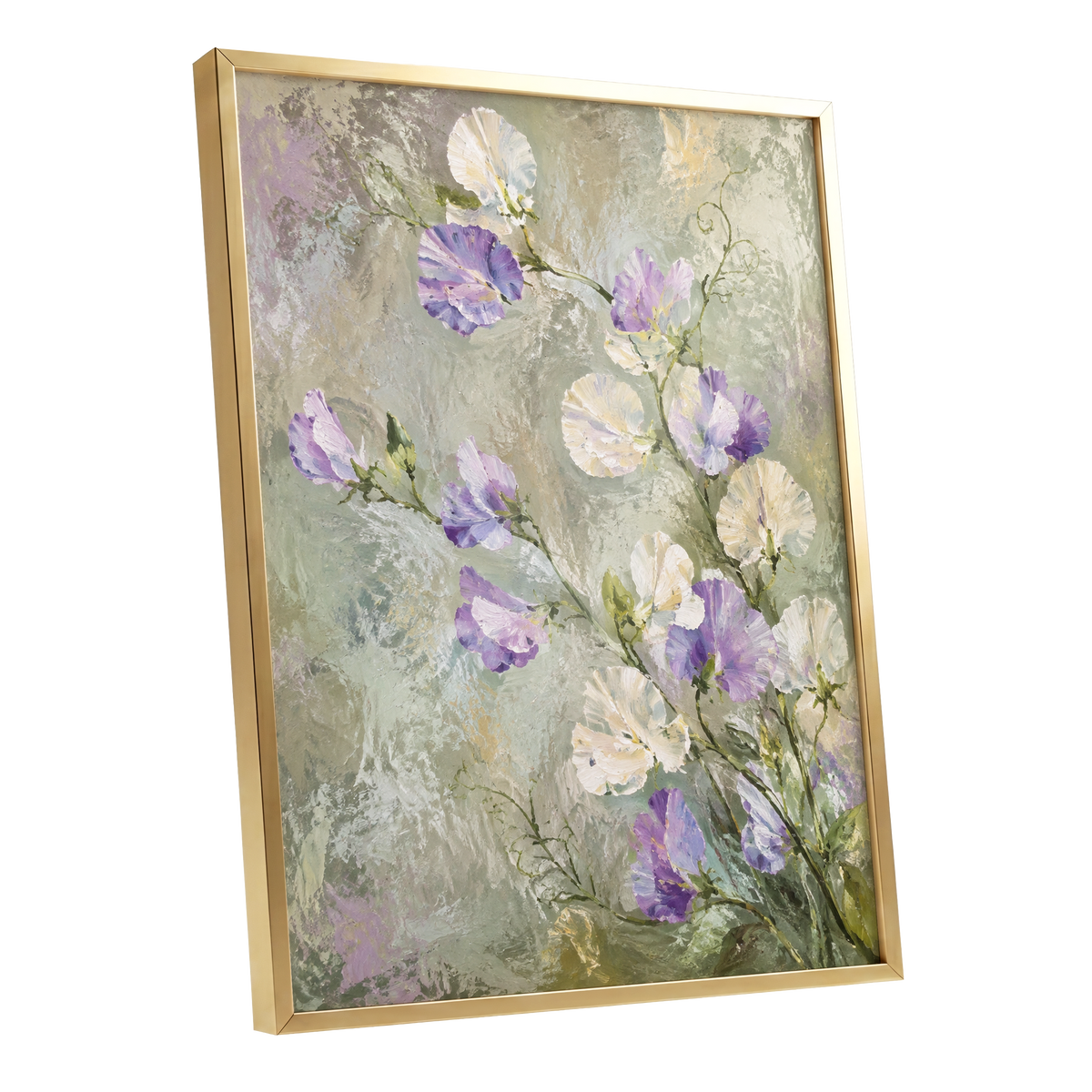 Lilac Tendrils, purple, white, green floral wall art shown as a gold framed poster wall art print