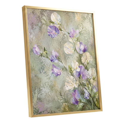 Lilac Tendrils, purple, white, green floral wall art shown as a gold framed poster wall art print