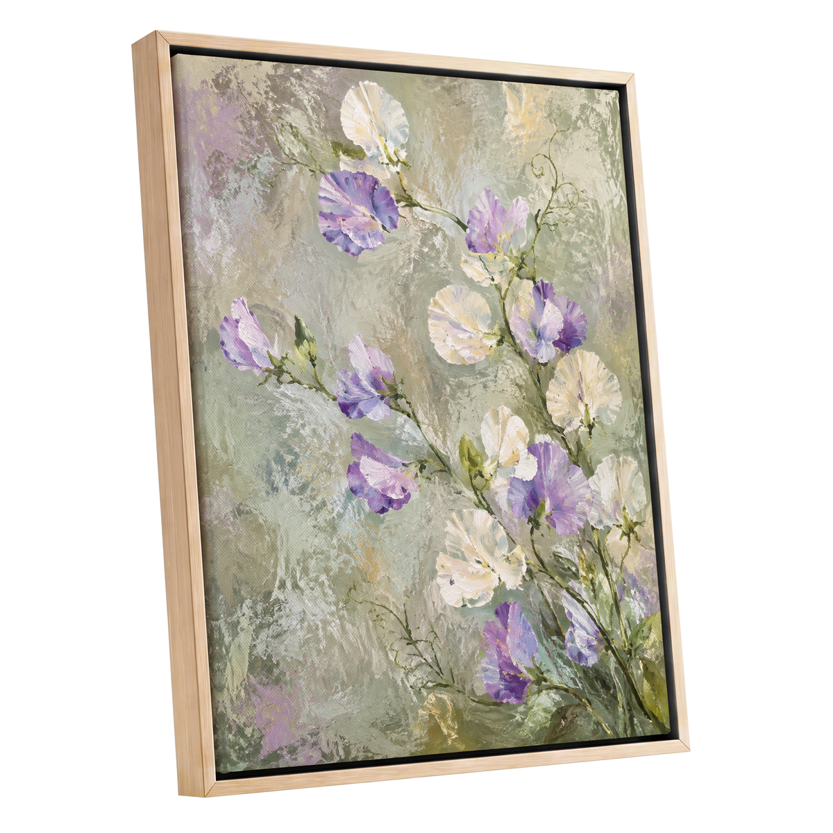 Lilac Tendrils, purple, white, green floral wall art shown as a oak framed canvas wall art