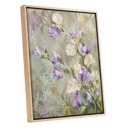 Lilac Tendrils, purple, white, green floral wall art shown as a oak framed canvas wall art