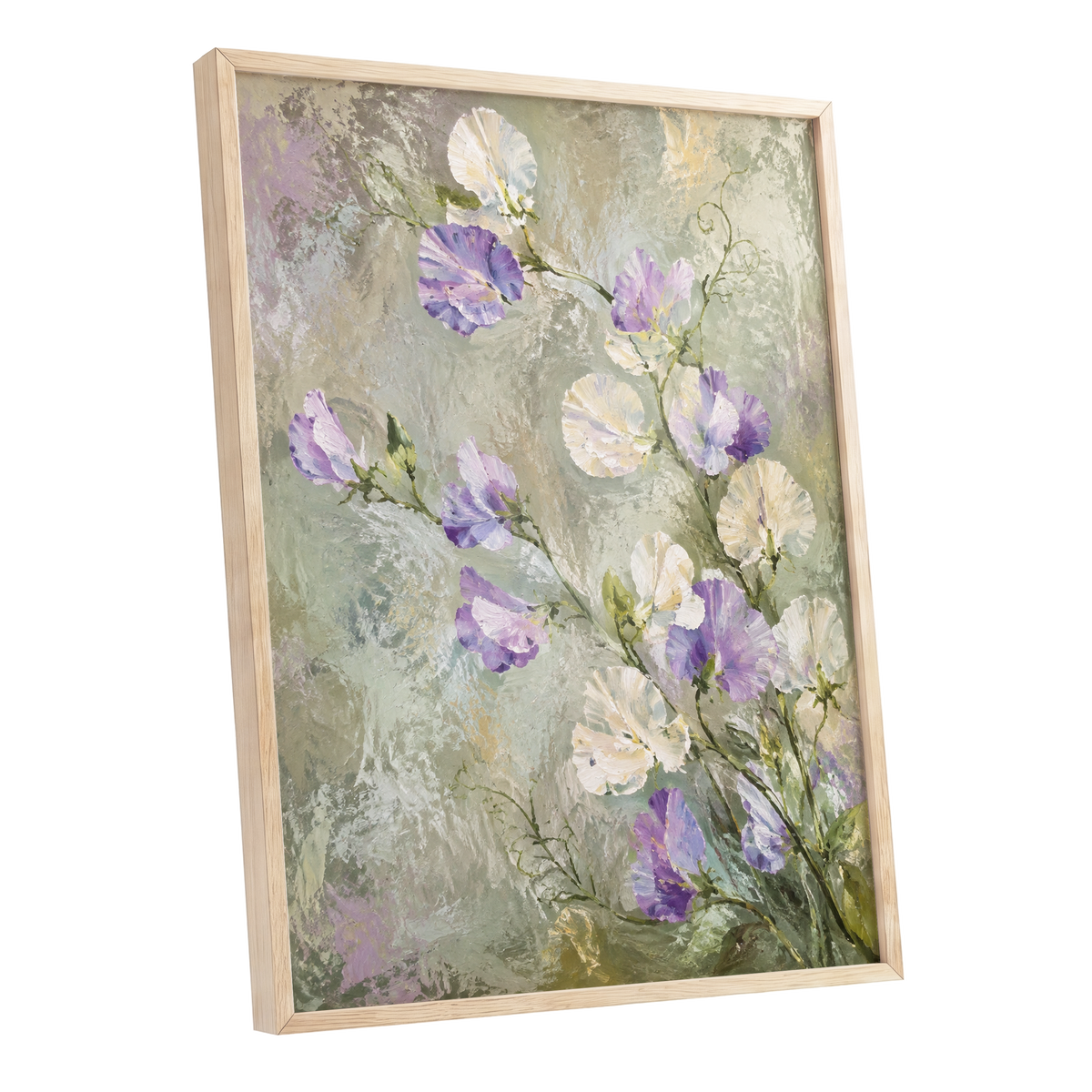 Lilac Tendrils, purple, white, green floral wall art shown as a oak framed poster wall art print