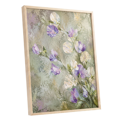 Lilac Tendrils, purple, white, green floral wall art shown as a oak framed poster wall art print