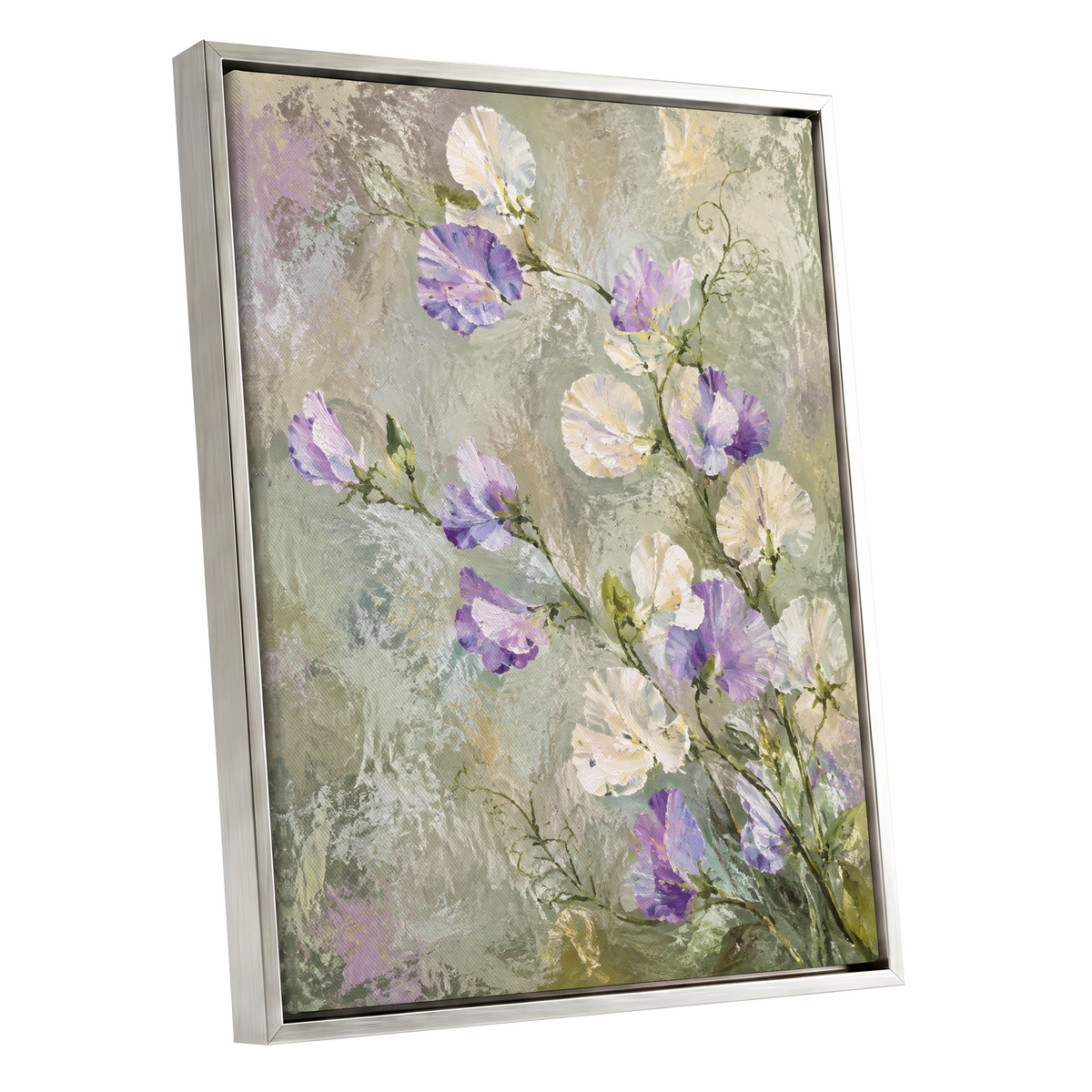 Lilac Tendrils, purple, white, green floral wall art shown as a silver framed canvas wall art