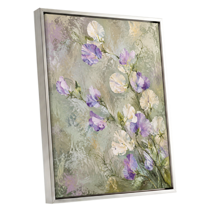 Lilac Tendrils, purple, white, green floral wall art shown as a silver framed canvas wall art