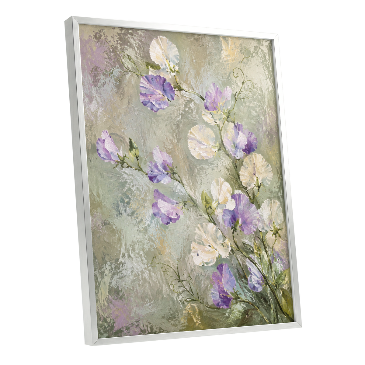 Lilac Tendrils, purple, white, green floral wall art shown as a silver framed poster wall art print