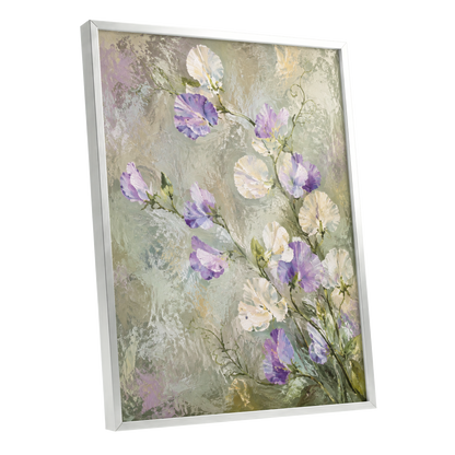 Lilac Tendrils, purple, white, green floral wall art shown as a silver framed poster wall art print