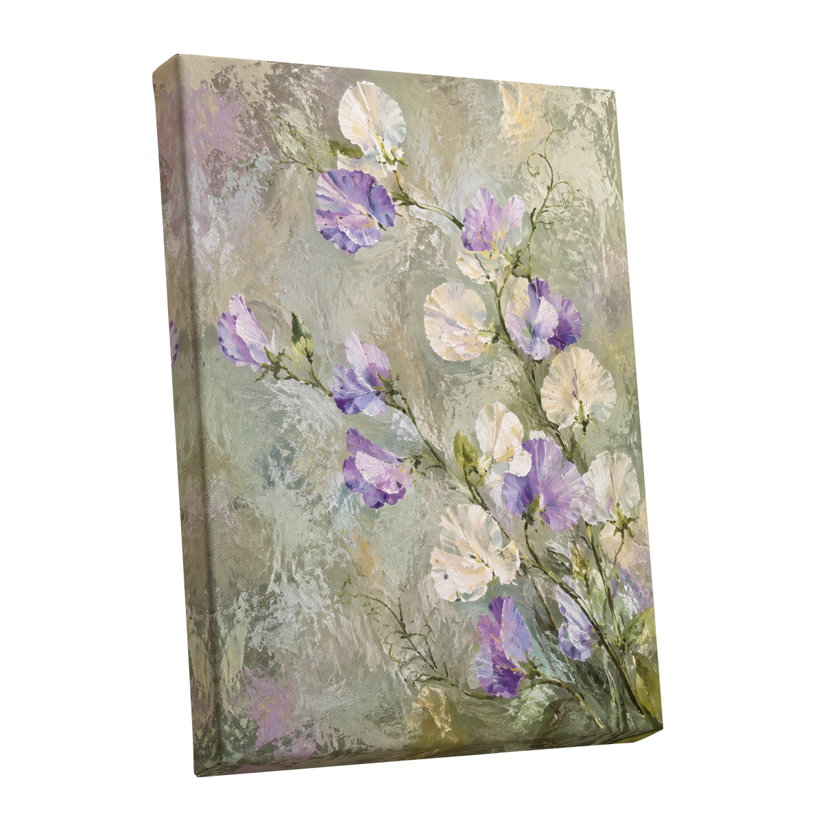 Lilac Tendrils, purple, white, green floral wall art shown as a stretched canvas wall art