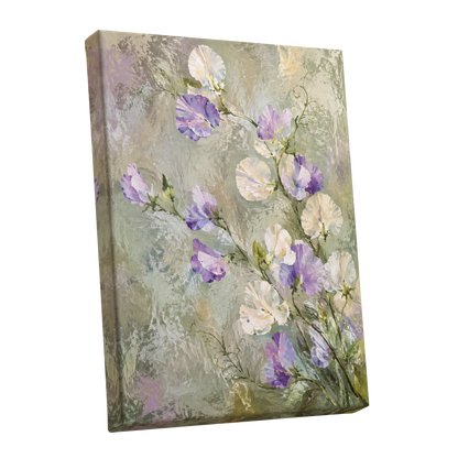 Lilac Tendrils, purple, white, green floral wall art shown as a stretched canvas wall art